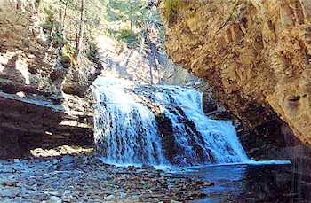 Johnston Creek has practically cut an archway through the solid mountain.